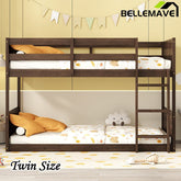Bellemave® Twin Size Solid Rubber Wood Floor Bunk Bed with Panelled Headboard and Footboard,  Safety Guardrails and Built - in ladder - Bellemave